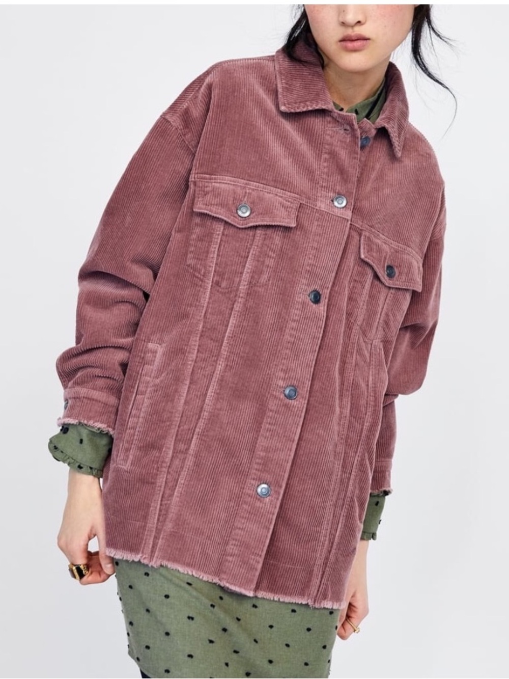 Zara Oversized Corduroy Button Front Shacket Dusty Rose Small - Shirt Jacket